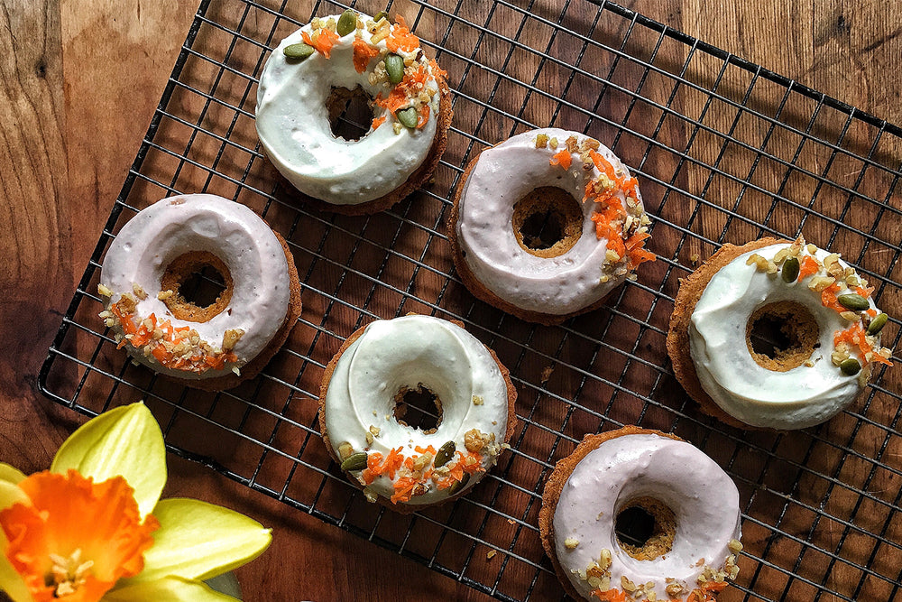 Baked Carrot Cake Doughnuts with Vanilla and Strawberry Cream Cheese Glaze 