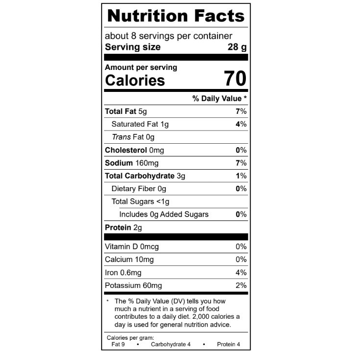 Nutrition facts label for Treeline Cheesemakers Blue Cheese dips