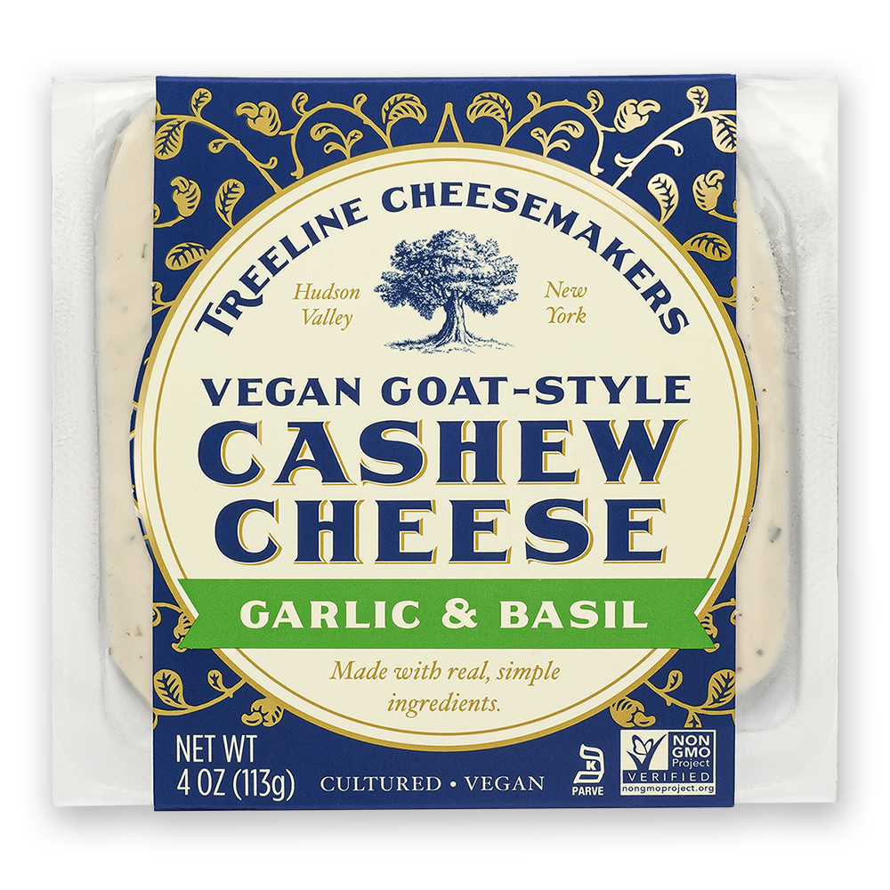 Treeline Garlic & Basil Vegan Goat-Style cheese in its packaging