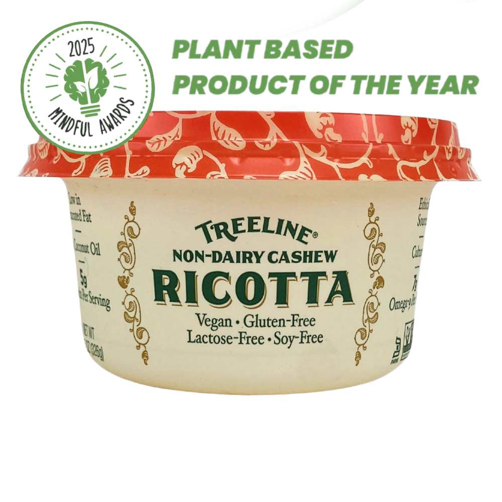 11.5 oz Treeline Non-Dairy Cashew Ricotta cheese in its red, green, and cream packaging - with award badge for 2025 Mindful Awards - Plant Based Product of the Year