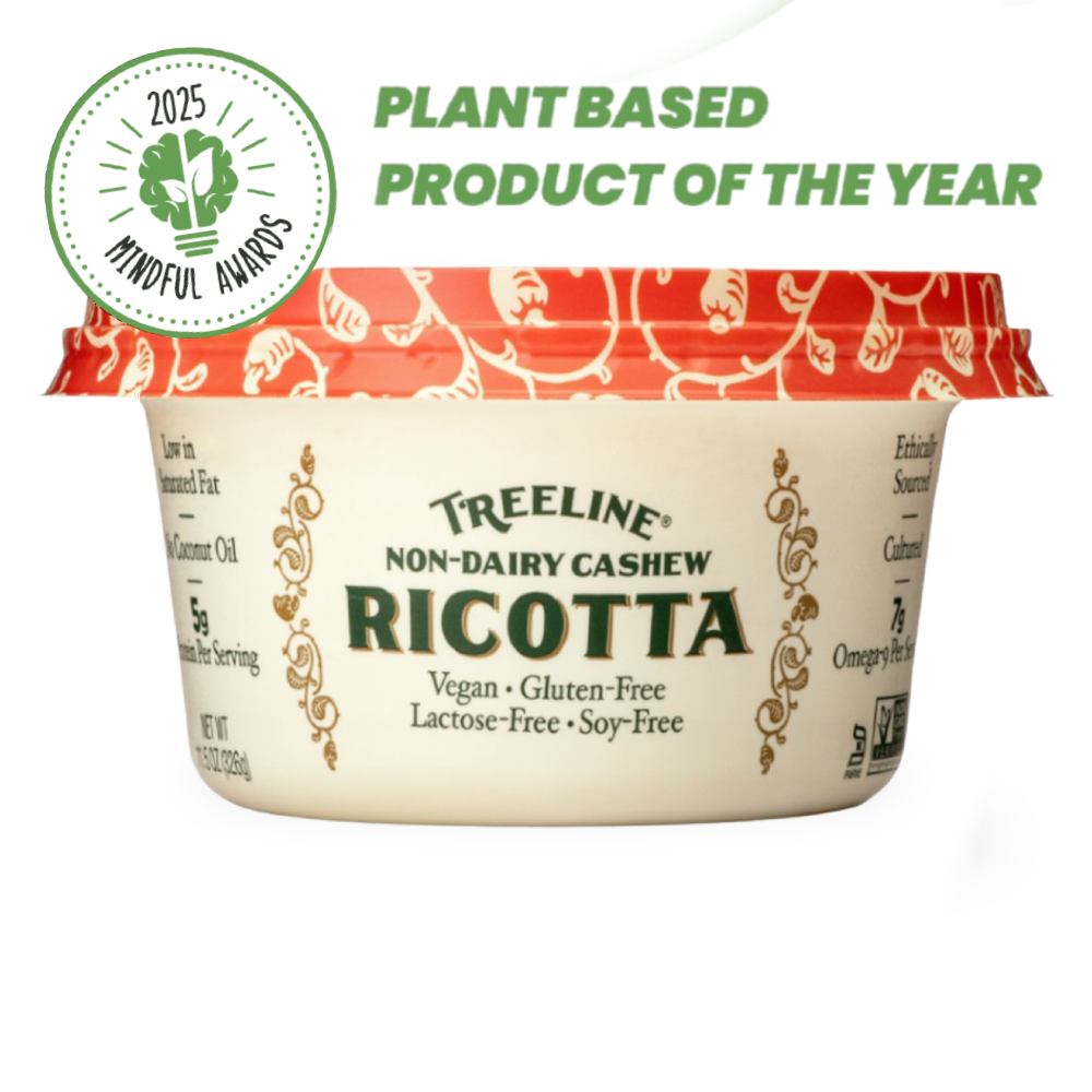 11.5 oz Treeline Non-Dairy Cashew Ricotta cheese in its red, green, and cream packaging - with award badge for 2025 Mindful Awards - Plant Based Product of the Year