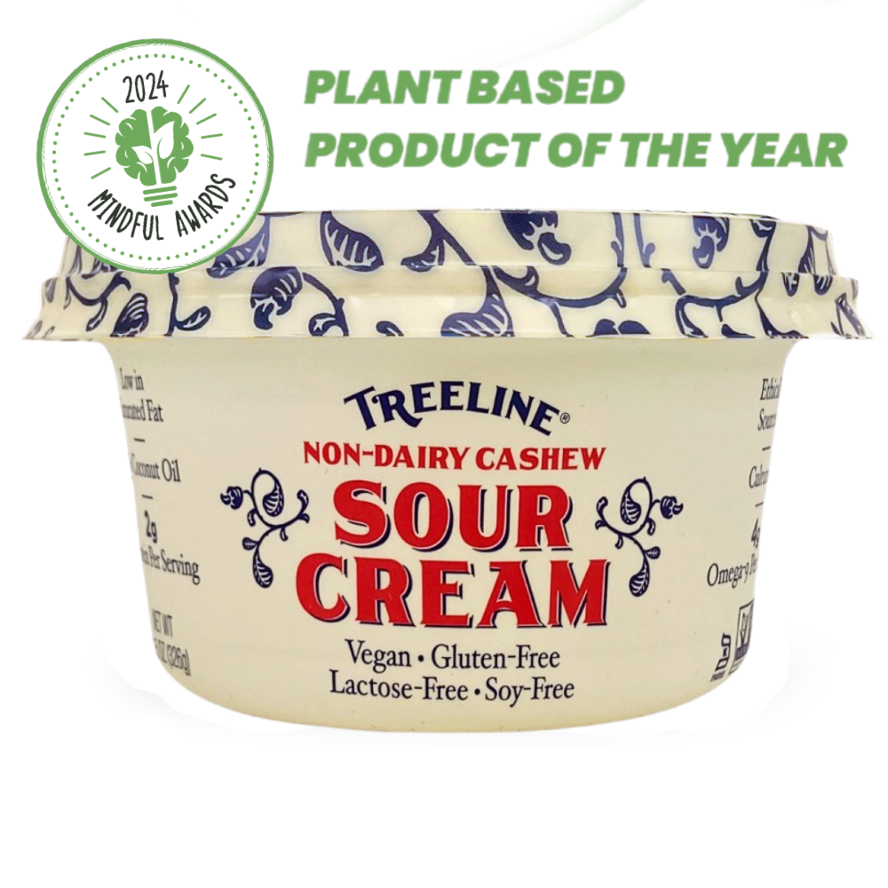 Treeline Non-Dairy Cashew 11.5 oz Sour Cream in its cream, red, and blue packaging - with 2024 Plant Based Product of the Year Mindful Award Badge