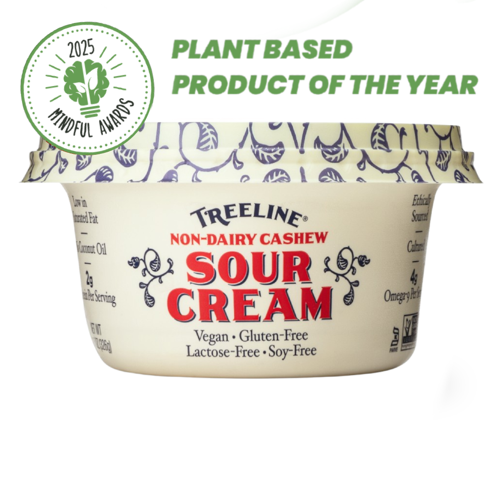Treeline Non-Dairy Cashew 11.5 oz Sour Cream in its cream, red, and blue packaging - with 2024 Plant Based Product of the Year Mindful Award Badge