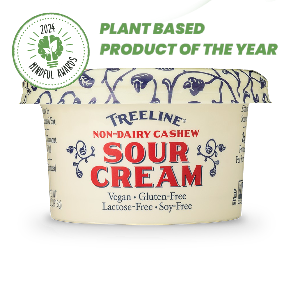 Treeline Non-Dairy Cashew 7.5 oz Sour Cream in its cream, red, and blue packaging - with 2024 Plant Based Product of the Year Mindful Award Badge