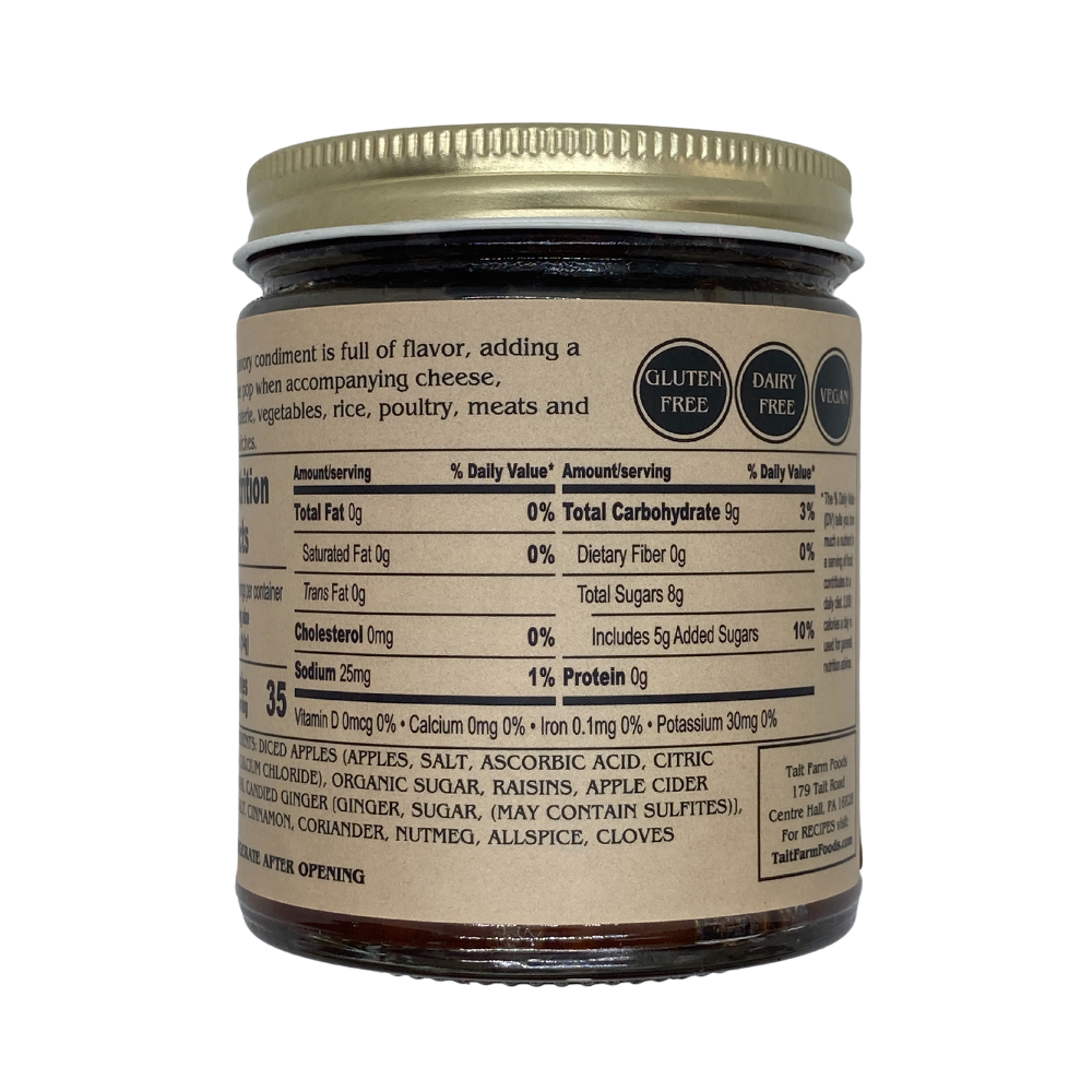 the nutritional label for Tait Farm Apple Chutney