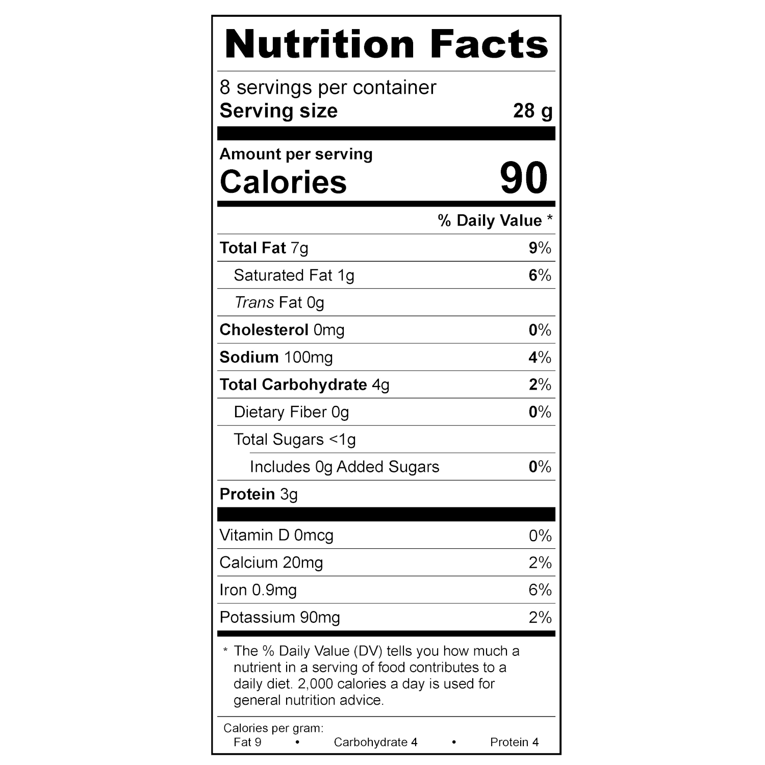 Treeline Cheese Vegan Chive and Onion Cream Cheese Nutritional Label