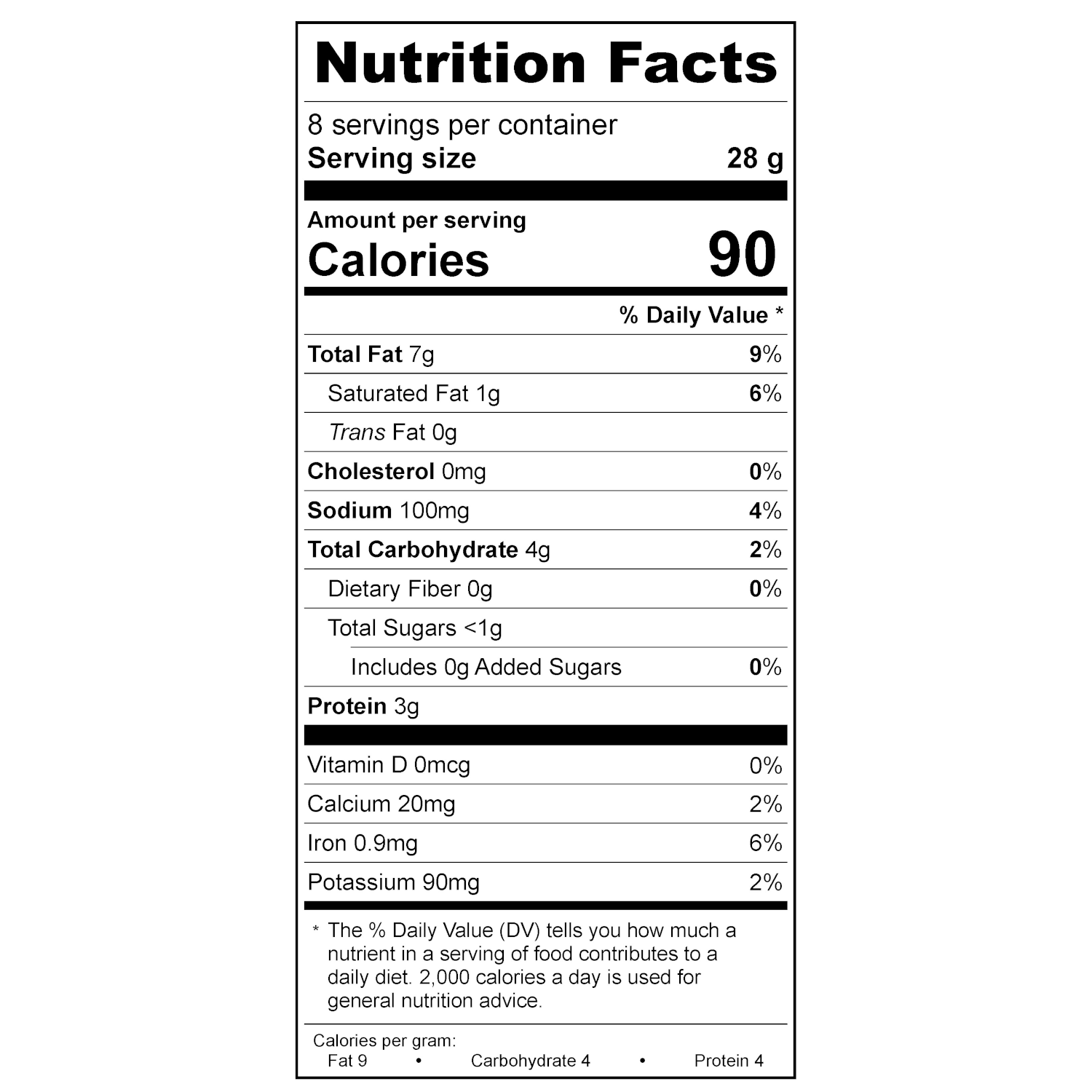 Treeline Cheese Vegan Plain Cream Cheese Nutritional Label