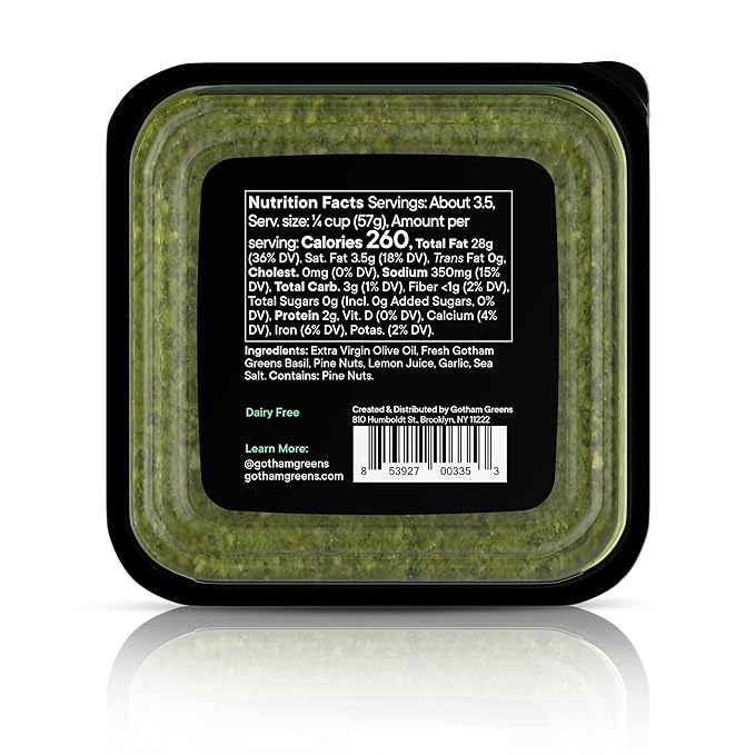 
                  
                    Back of container of Gotham Greens vegan pesto with nutritional label 
                  
                