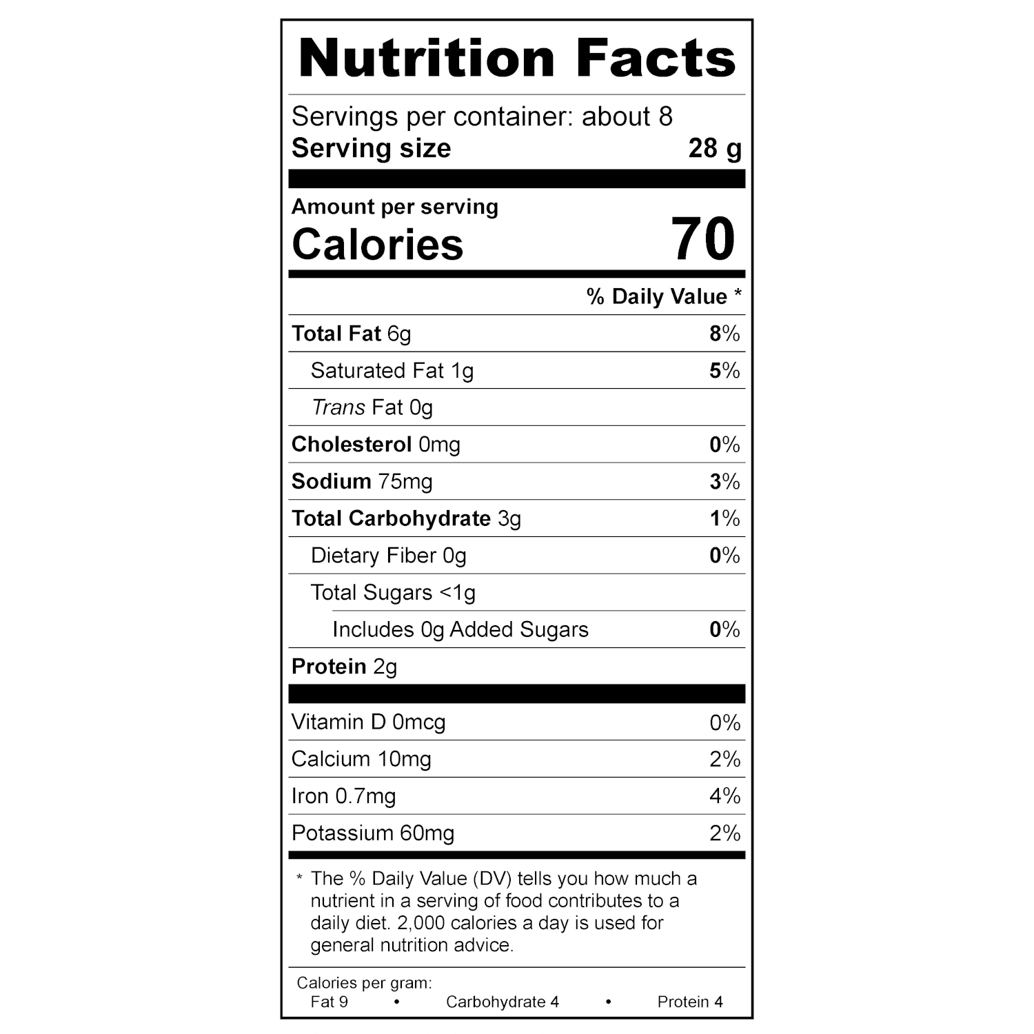 Treeline Cheese Vegan Sour cream Nutritional Label