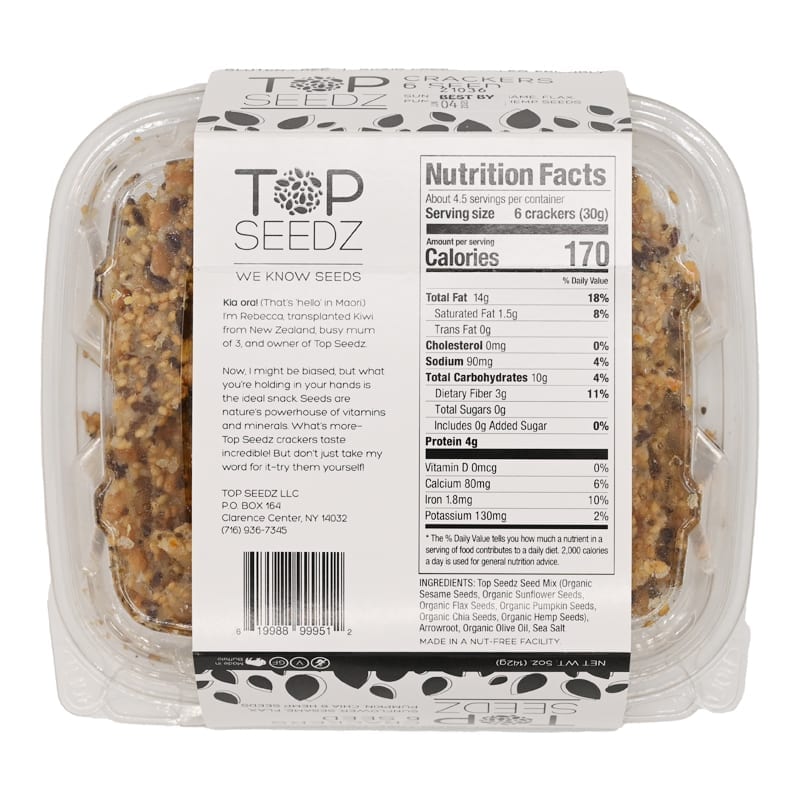 
                  
                    Top Seedz brand 6 seed crackers back of container with nutritional label 
                  
                