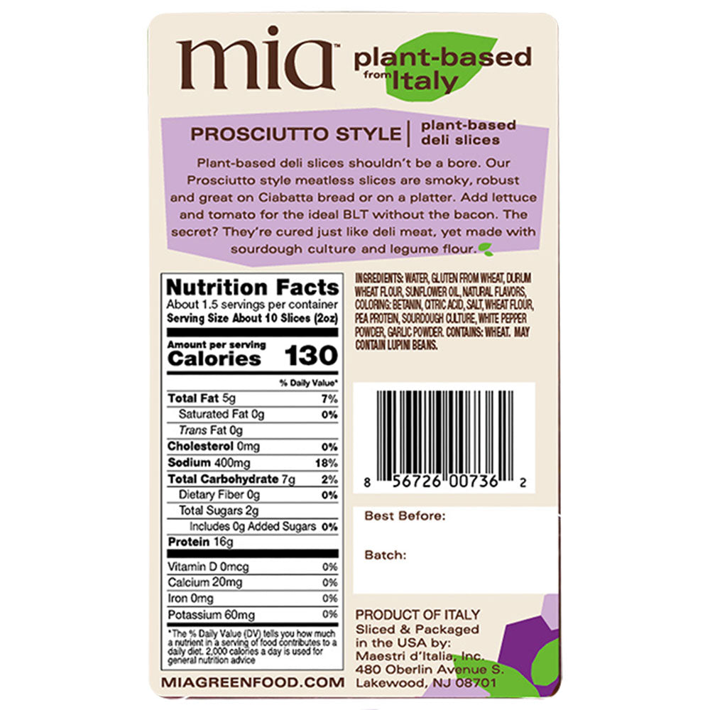 
                  
                    Back of package of Mia vegan prosciutto with nutritional label 
                  
                