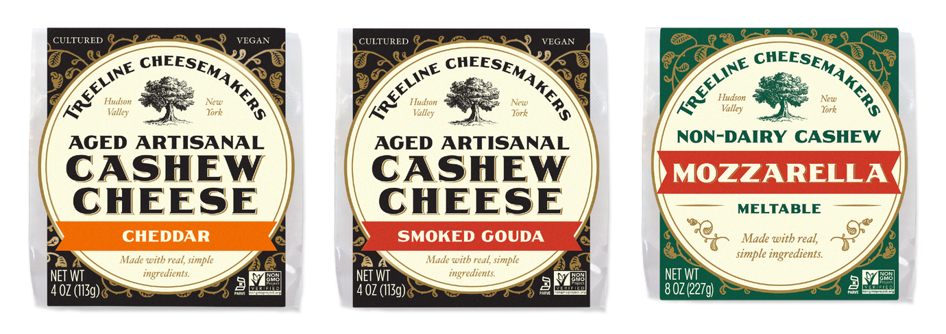 3 new packages of Treeline Aged Artisanal Cheddar, Smoked Gouda, and Non-Dairy Cashew Mozzarella