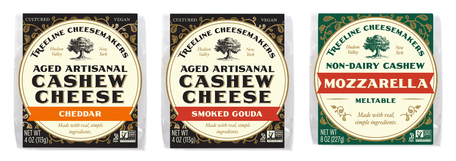 3 new packages of Treeline Aged Artisanal Cheddar, Smoked Gouda, and Non-Dairy Cashew Mozzarella