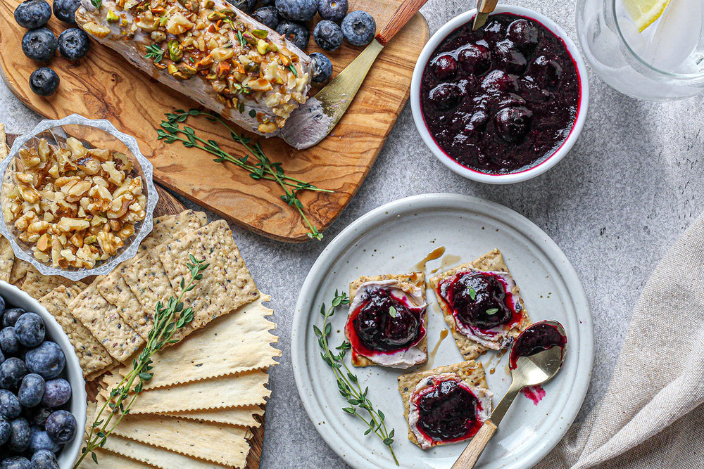 Balsamic Blueberry Goat Cheese Log with Crackers