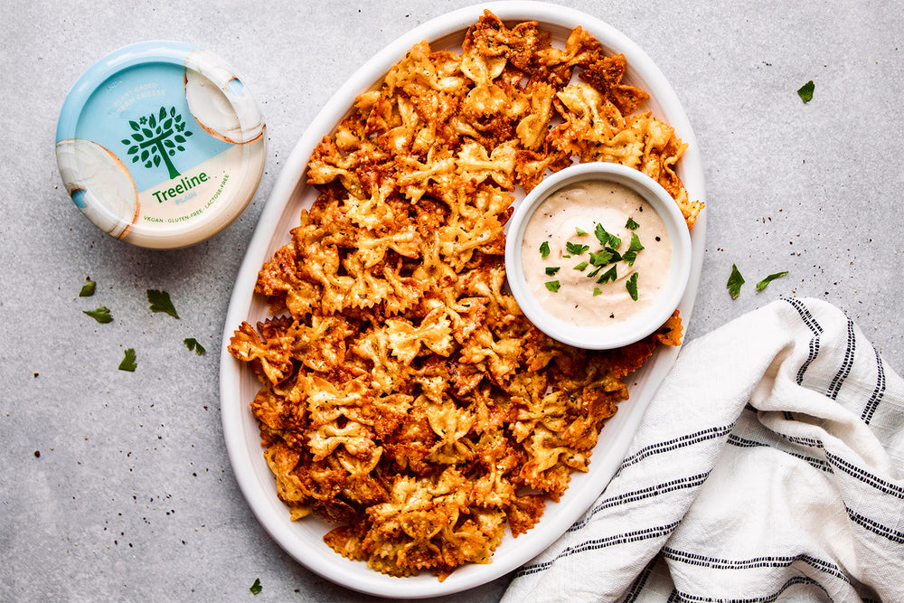 Baked Pasta Chips with Alfredo Dipping Sauce