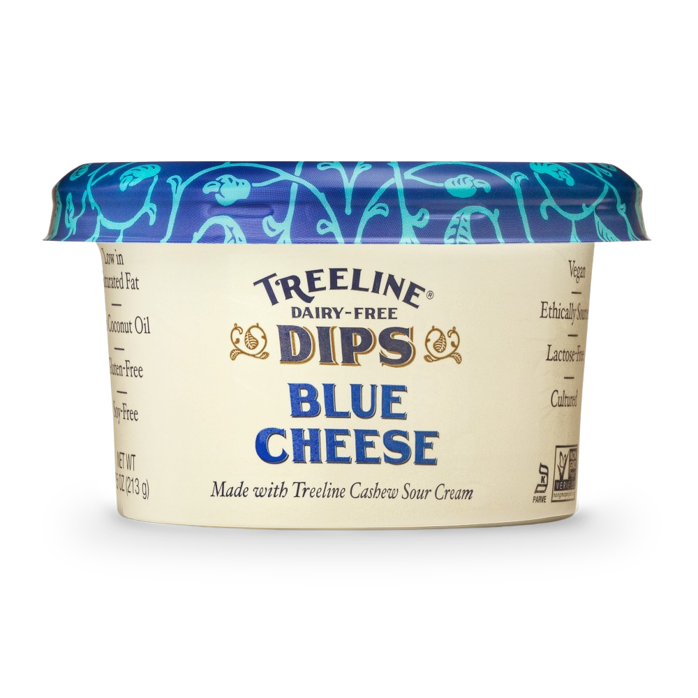 a blue and cream Treeline Dairy-Free Dips Blue Cheese container