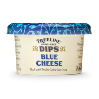a blue and cream Treeline Dairy-Free Dips Blue Cheese container