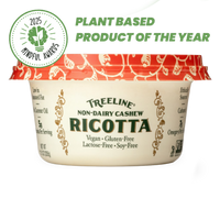 11.5 oz Treeline Non-Dairy Cashew Ricotta cheese in its red, green, and cream packaging - with award badge for 2025 Mindful Awards - Plant Based Product of the Year