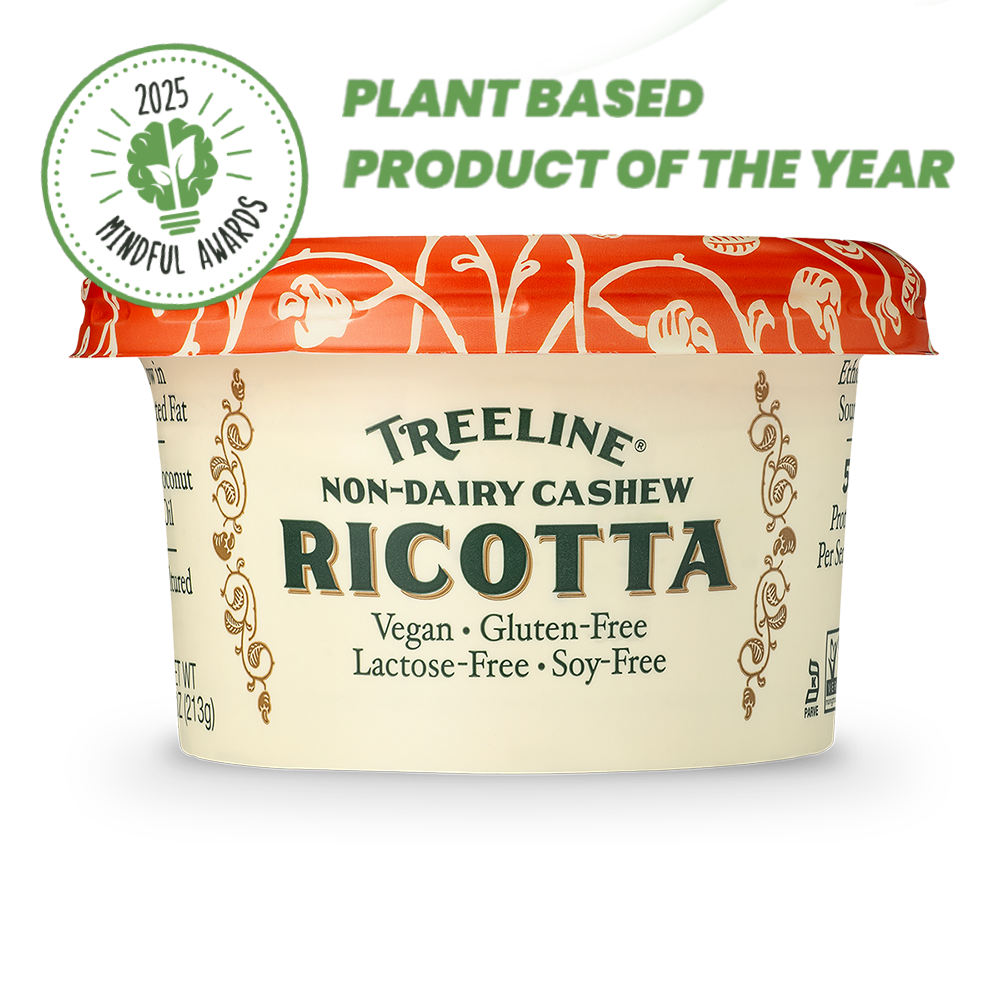 7.5 oz Treeline Non-Dairy Cashew Ricotta cheese in its red, green, and cream packaging - with award badge for 2025 Mindful Awards - Plant Based Product of the Year