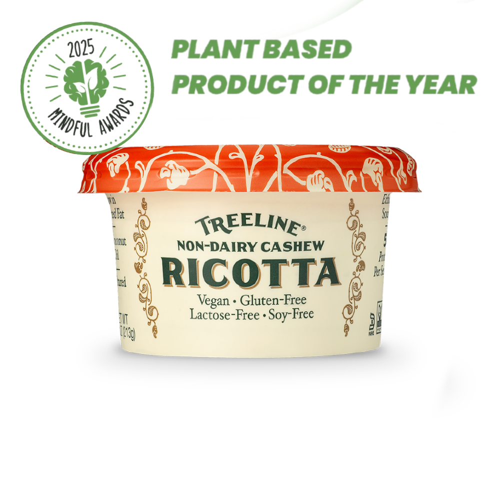 7.5 oz Treeline Non-Dairy Cashew Ricotta cheese in its red, green, and cream packaging - with award badge for 2025 Mindful Awards - Plant Based Product of the Year