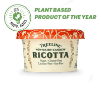 7.5 oz Treeline Non-Dairy Cashew Ricotta cheese in its red, green, and cream packaging - with award badge for 2025 Mindful Awards - Plant Based Product of the Year