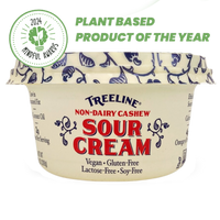 Treeline Non-Dairy Cashew 11.5 oz Sour Cream in its cream, red, and blue packaging - with 2024 Plant Based Product of the Year Mindful Award Badge