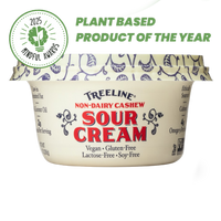 Treeline Non-Dairy Cashew 11.5 oz Sour Cream in its cream, red, and blue packaging - with 2024 Plant Based Product of the Year Mindful Award Badge
