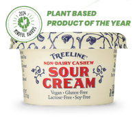 Treeline Non-Dairy Cashew 7.5 oz Sour Cream in its cream, red, and blue packaging - with 2024 Plant Based Product of the Year Mindful Award Badge