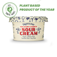 Treeline Non-Dairy Cashew 7.5 oz Sour Cream in its cream, red, and blue packaging - with 2024 Plant Based Product of the Year Mindful Award Badge